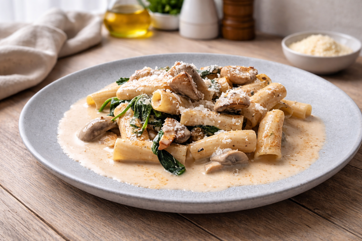 Ριγκατόνι με κρεμώδη σάλτσα μανιταριών και παρμεζάνα